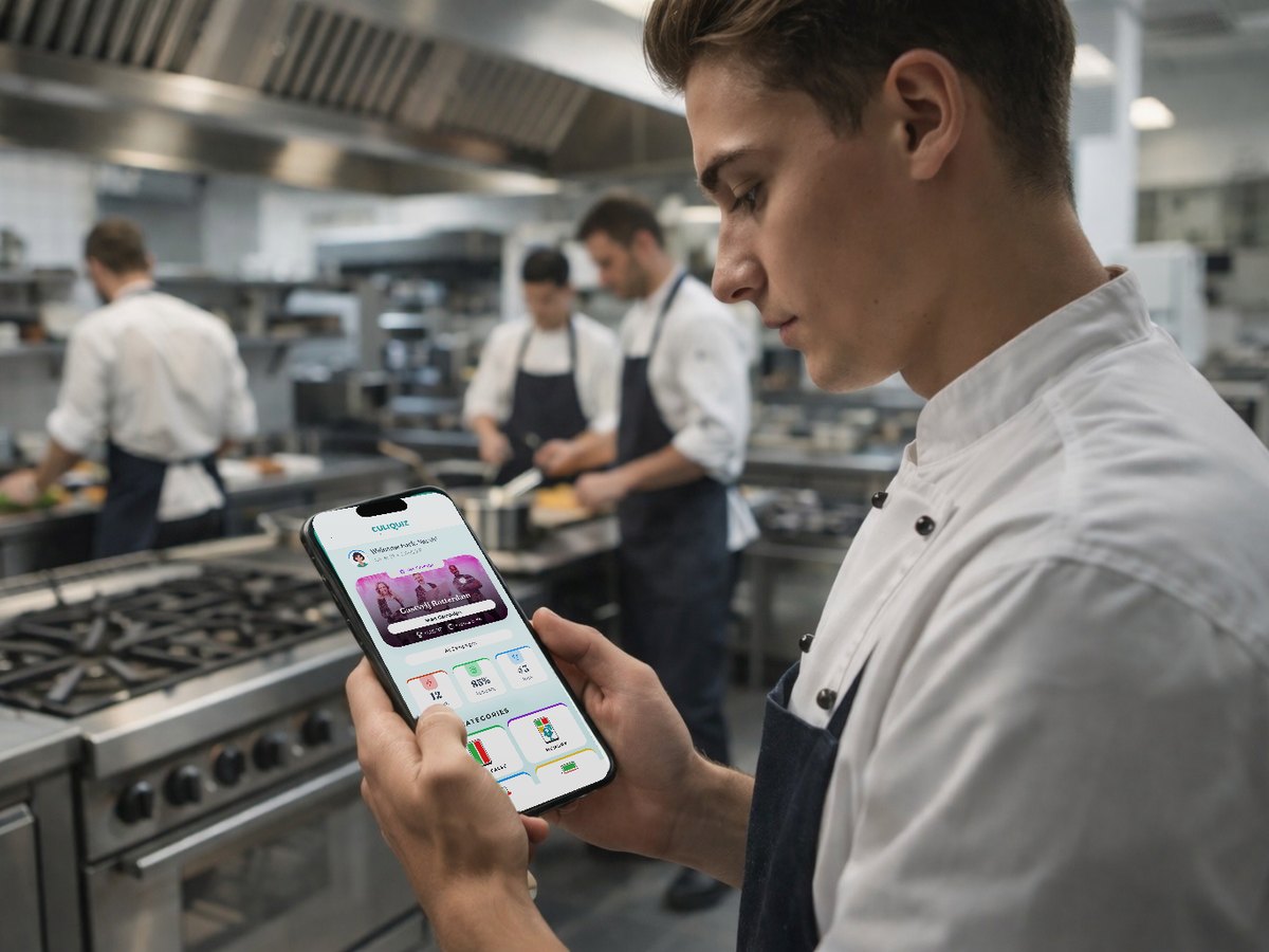 Een kok in een professionele keuken bekijkt het startscherm van de CuliQuiz-app op zijn telefoon