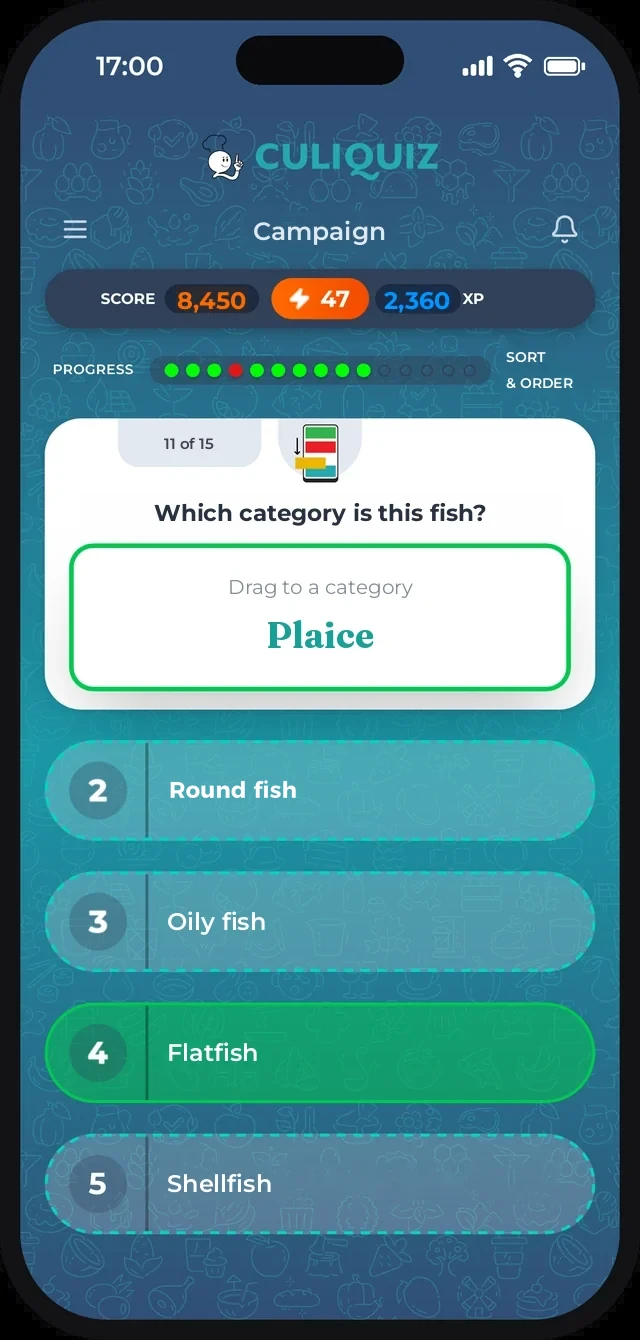 The CuliQuiz app: a sorting question about fish with score, streak and progress