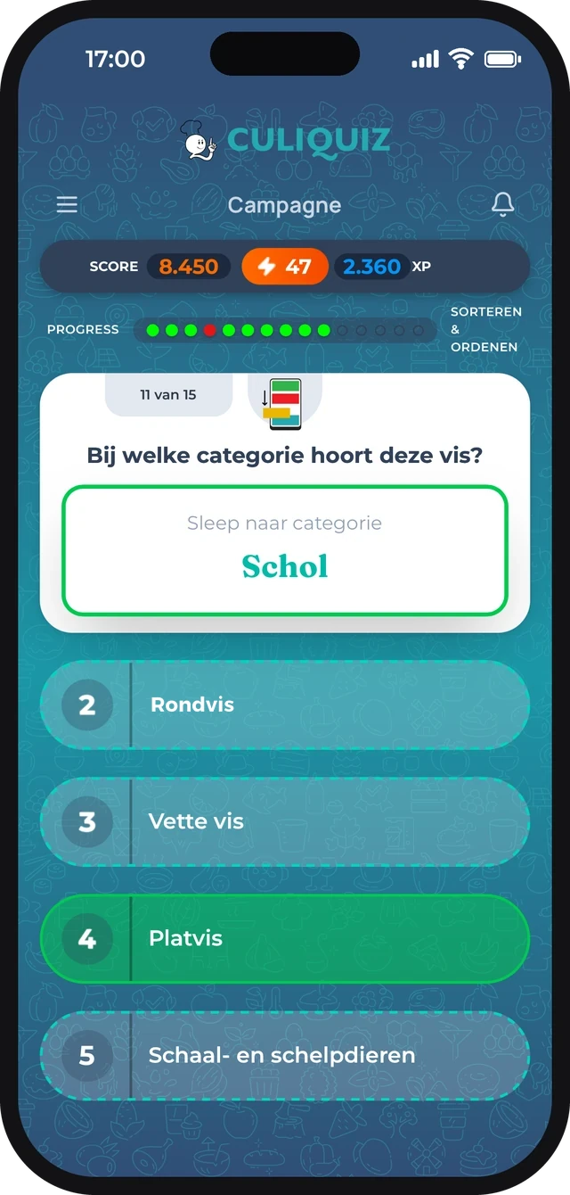 De CuliQuiz-app: een sorteervraag over vis met score, streak en voortgang