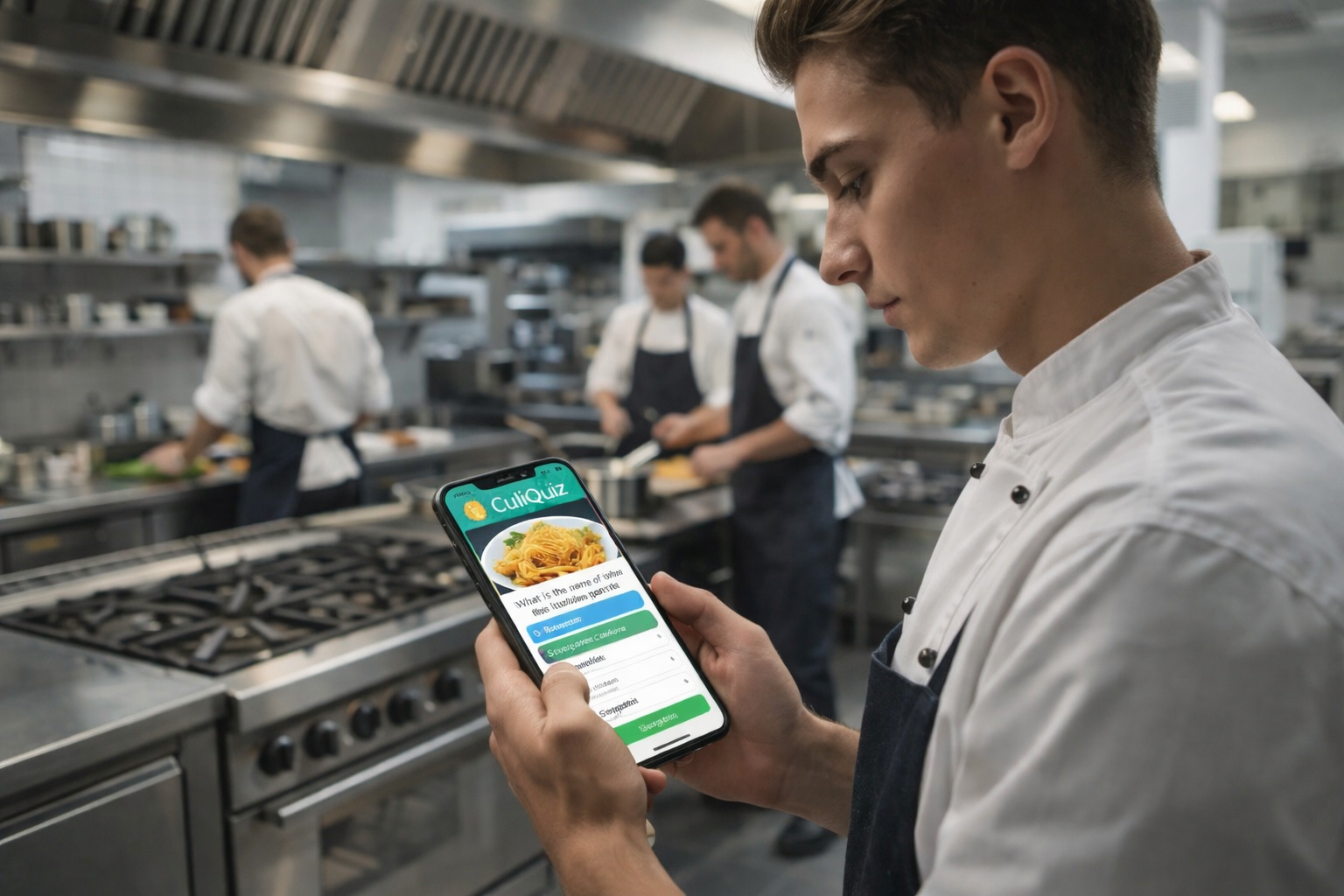 Chef in a professional kitchen looking at CuliQuiz