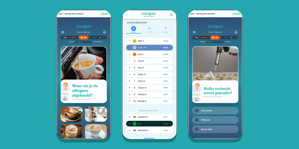 Drie schermen uit de nieuwe CuliQuiz-app: een quizvraag, het leaderboard en het profiel