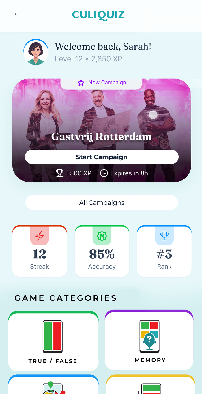 Het startscherm van de CuliQuiz-app, met een lopende campagne, je streak, nauwkeurigheid en rang