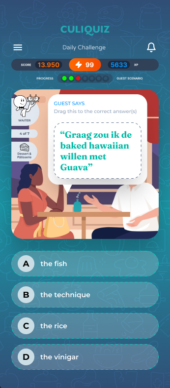 A guest scenario as a game question in the CuliQuiz app